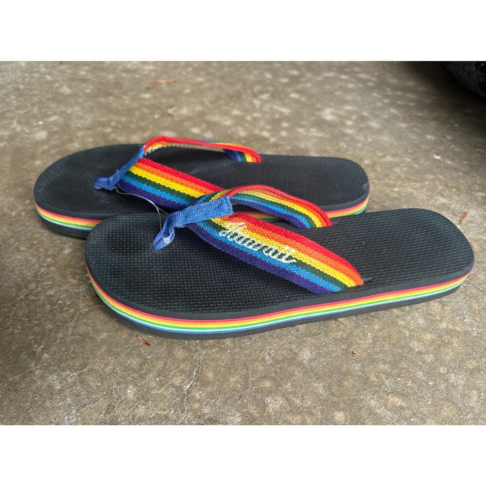 VTG 80s Flip Flops Rainbow Stripes Thick Foam Sandals Hawaii Thongs Mens 11.5”
